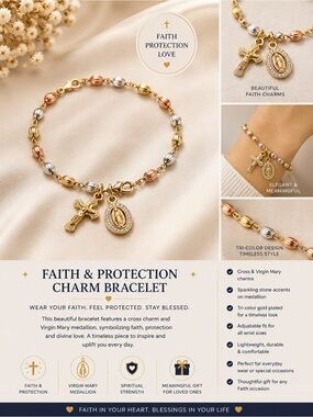 Faith & Protection Tri-Color Charm Bracelet - Cross & Virgin Mary